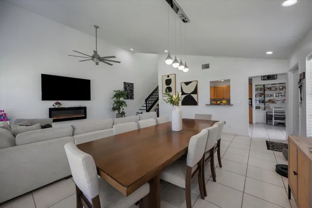 a view of a dining room with furniture