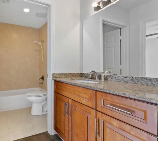 a bathroom with a granite countertop sink a toilet and a bathtub