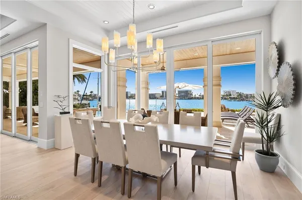 a view of a dining room with furniture window and outside view