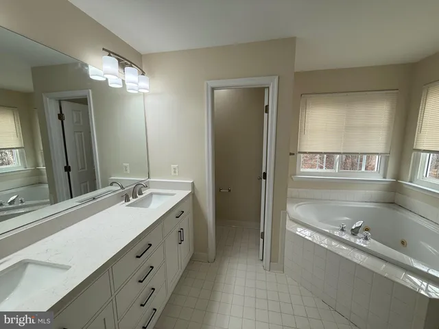 a bathroom with double sink and a mirror