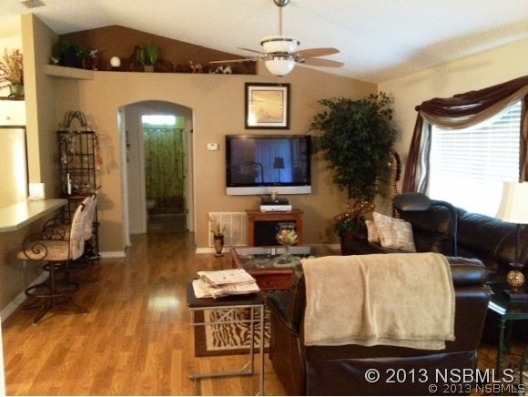 3224 Mango Tree Drive Edgewater, FL 32141 - Photo 7 of 17 a living room with furniture a chandelier and a flat screen tv
