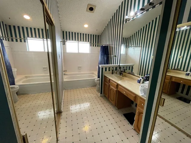 a bathroom with a sink a mirror and a shower