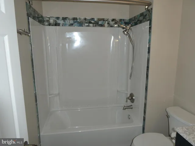 a bathroom with a shower and a toilet