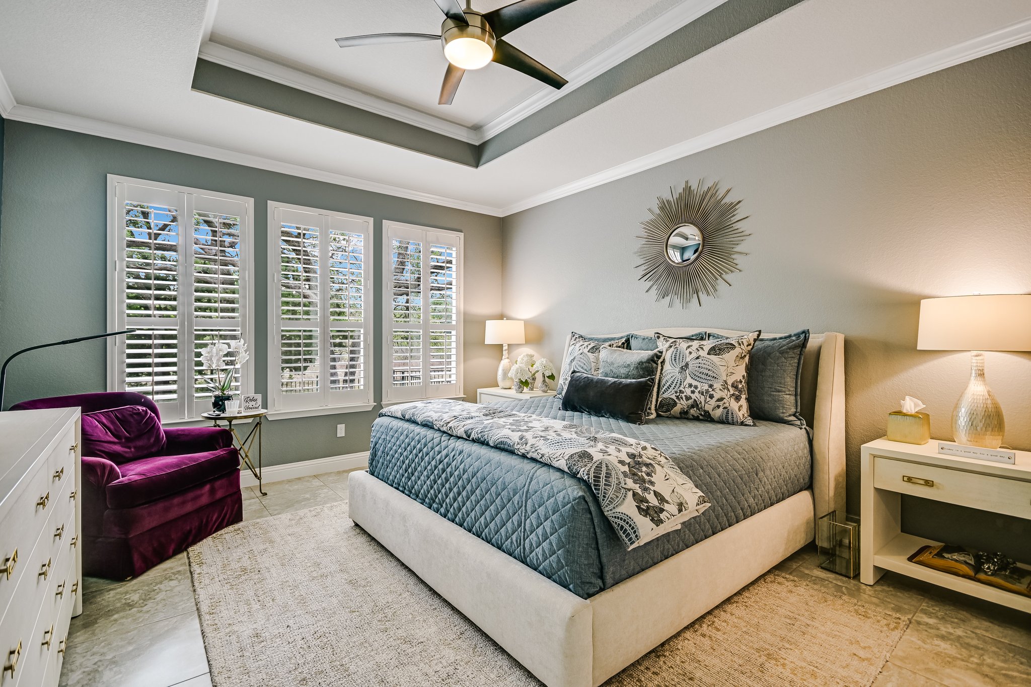 304 Coffee Mill Creek Road Georgetown, TX 78633 - Photo 14 of 30 Primary bedroom with view to the greenbelt. Oversized with tray ceiling, ceiling fan and plantation shutters