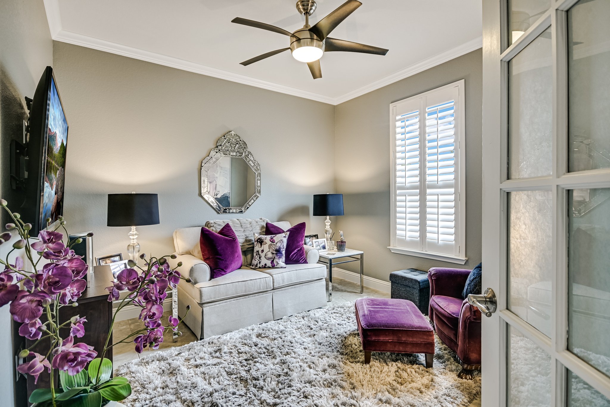 304 Coffee Mill Creek Road Georgetown, TX 78633 - Photo 6 of 30 Dedicated office/sitting room with crown molding, plantation shutters, and ceiling fan