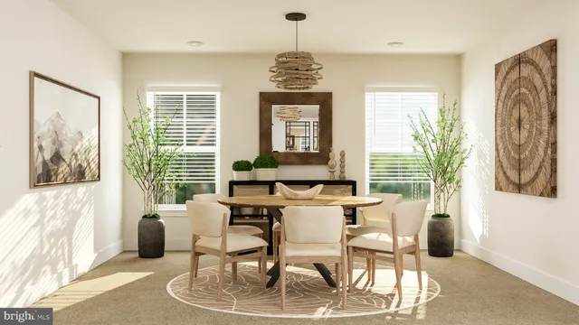 a dining room with furniture a chandelier and window