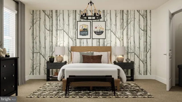 a bedroom with a bed and a mirror