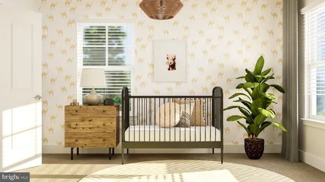 a bedroom with a bed and a potted plant