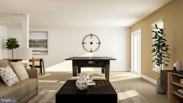 a living room with furniture a clock and a window