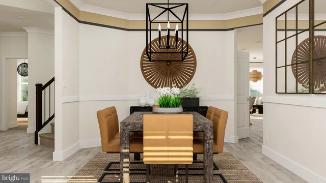 a dining room with furniture and wooden floor