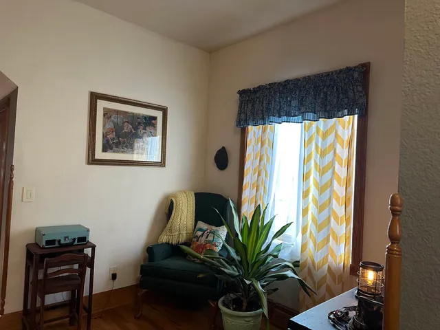 a living room with furniture and a potted plant
