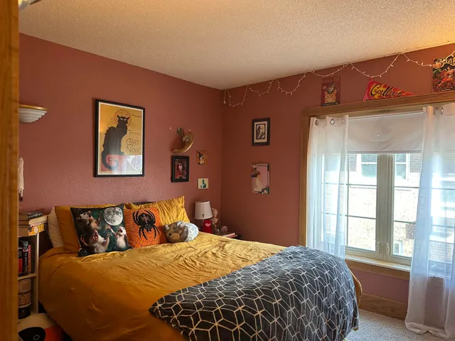 a bedroom with a large bed and a window