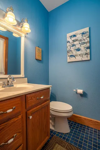 a bathroom with a sink a toilet a mirror and vanity