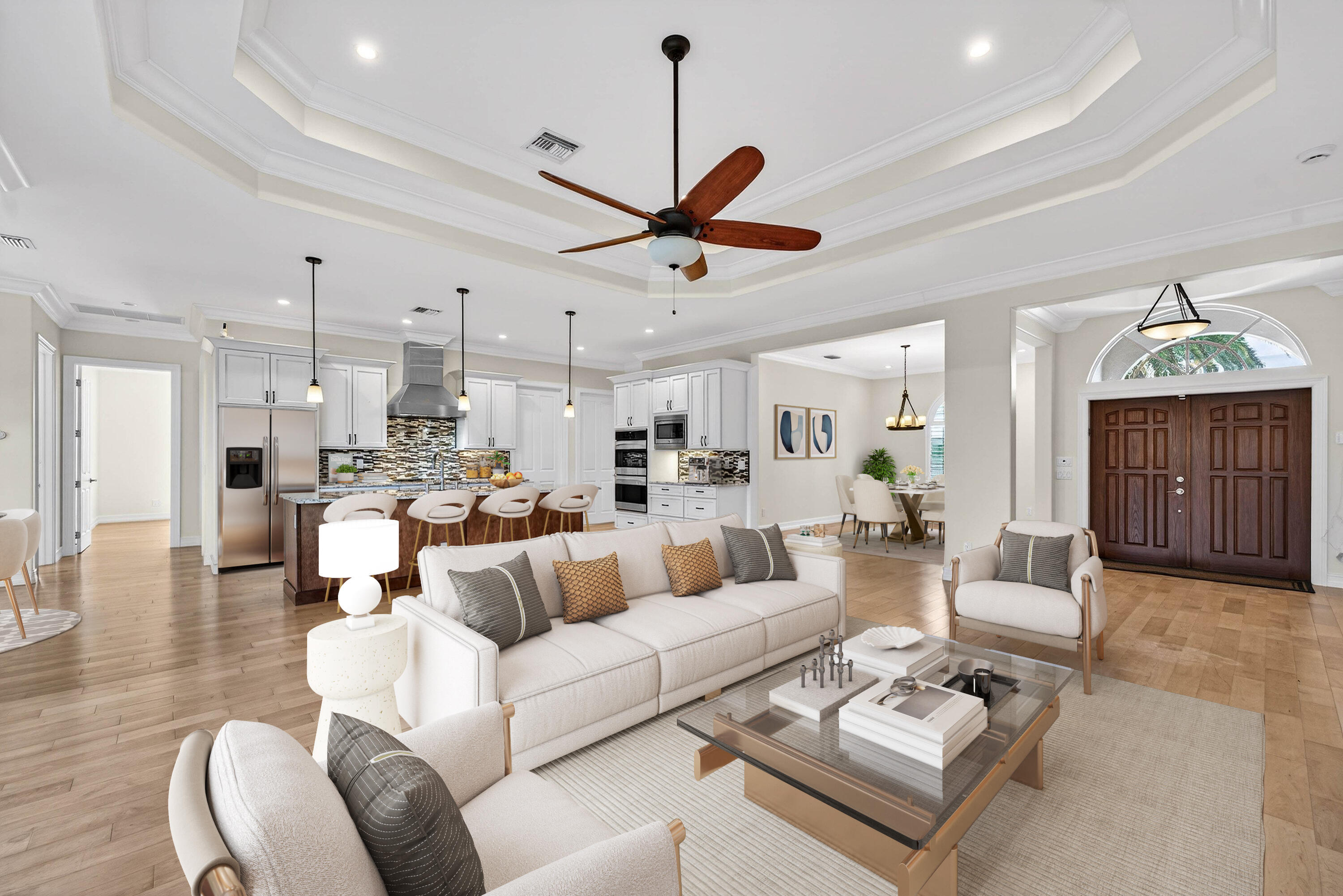 2920 Spanish River Road Boca Raton, FL 33432 - Photo 12 of 75 a living room with furniture kitchen view and a chandelier