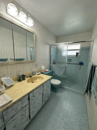 a bathroom with a sink a toilet and shower
