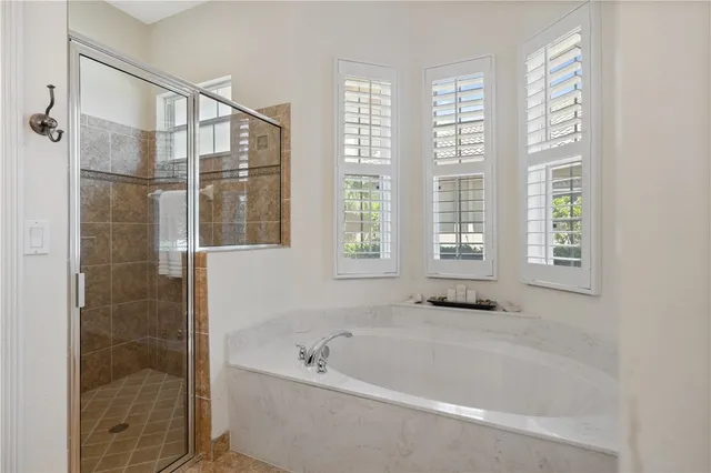 a bathroom with a bathtub and shower