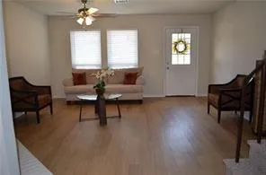 a living room with furniture and a potted plant