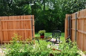 a garden view with a seating space