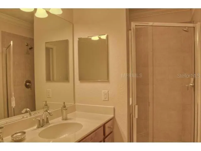 a bathroom with a sink shower and a mirror