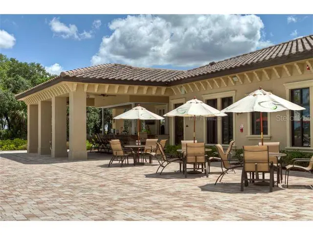 a backyard of a house with table and chairs