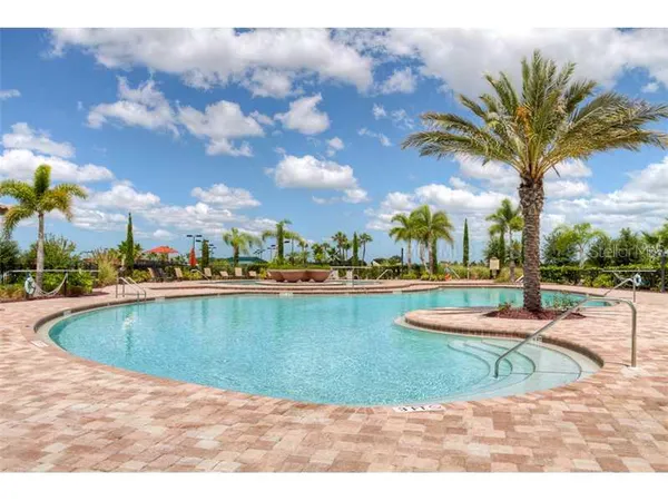 a view of a swimming pool with a garden