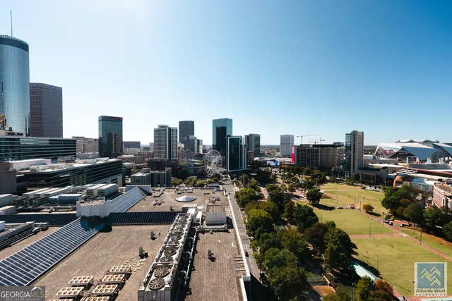 a city view with tall buildings
