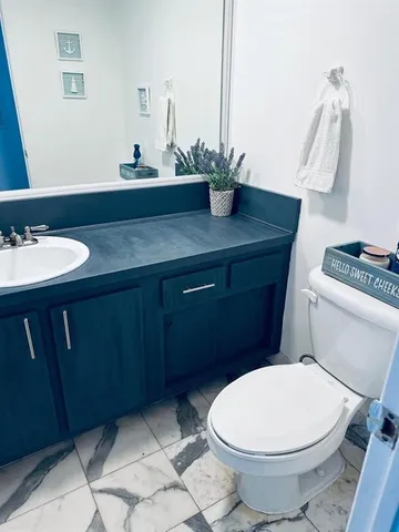 a bathroom with a sink a toilet and mirror