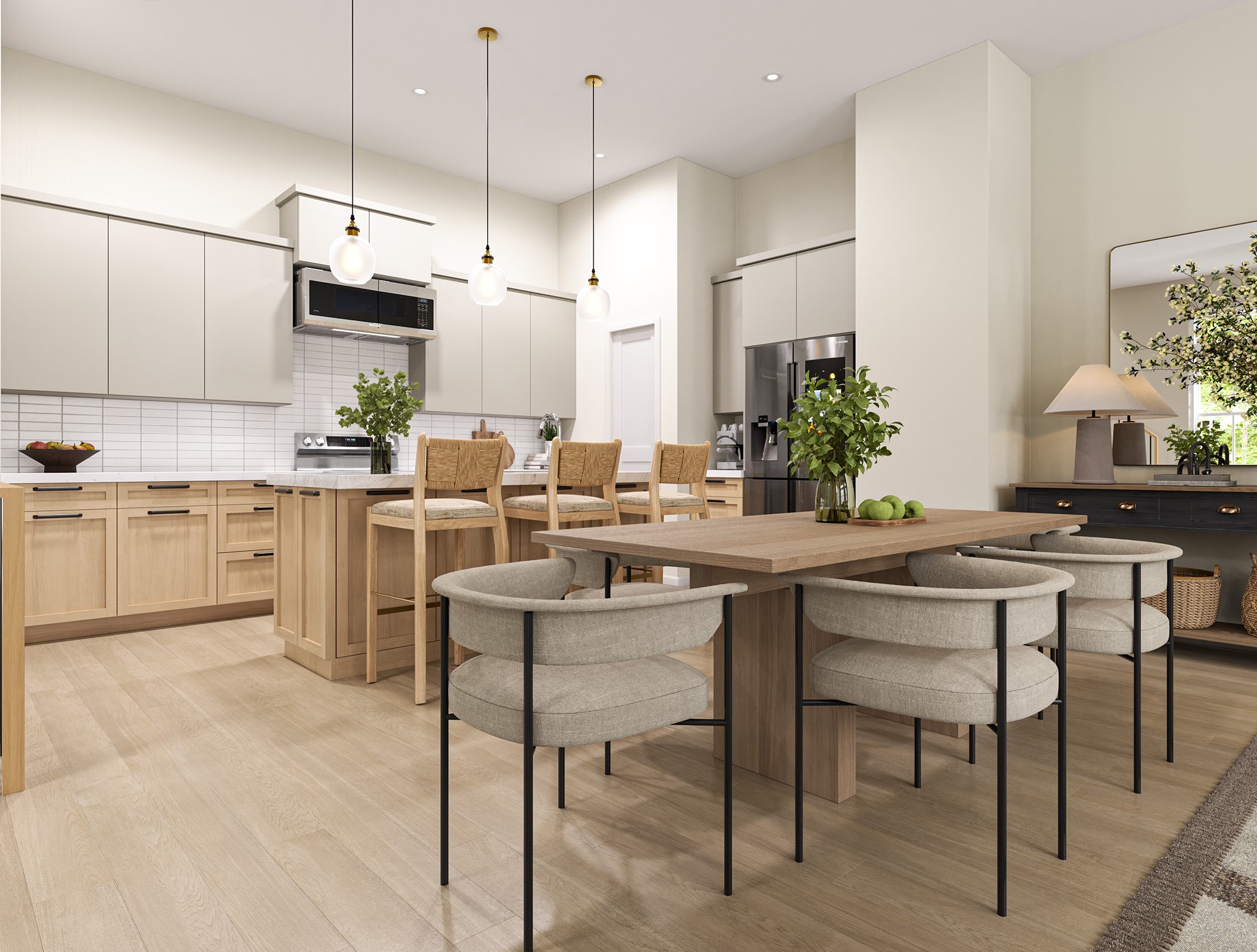 3911 Tulane Street, Unit B Houston, TX 77018 - Photo 31 of 37 Modern open-concept dining and kitchen area featuring sleek cabinetry, a spacious island, and stylish lighting. Ideal for entertaining and family gatherings.