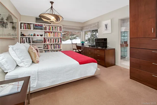 a bed room with a bed and a book shelf
