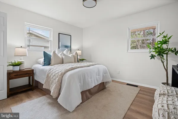 a spacious bedroom with a bed and a potted plant
