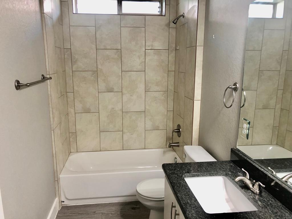 229 Riley Lane Fredericksburg, TX 78624 - Photo 15 of 16 a bathroom with a granite countertop bathtub shower sink vanity and toilet