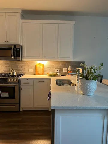 a kitchen with a sink a stove and cabinets