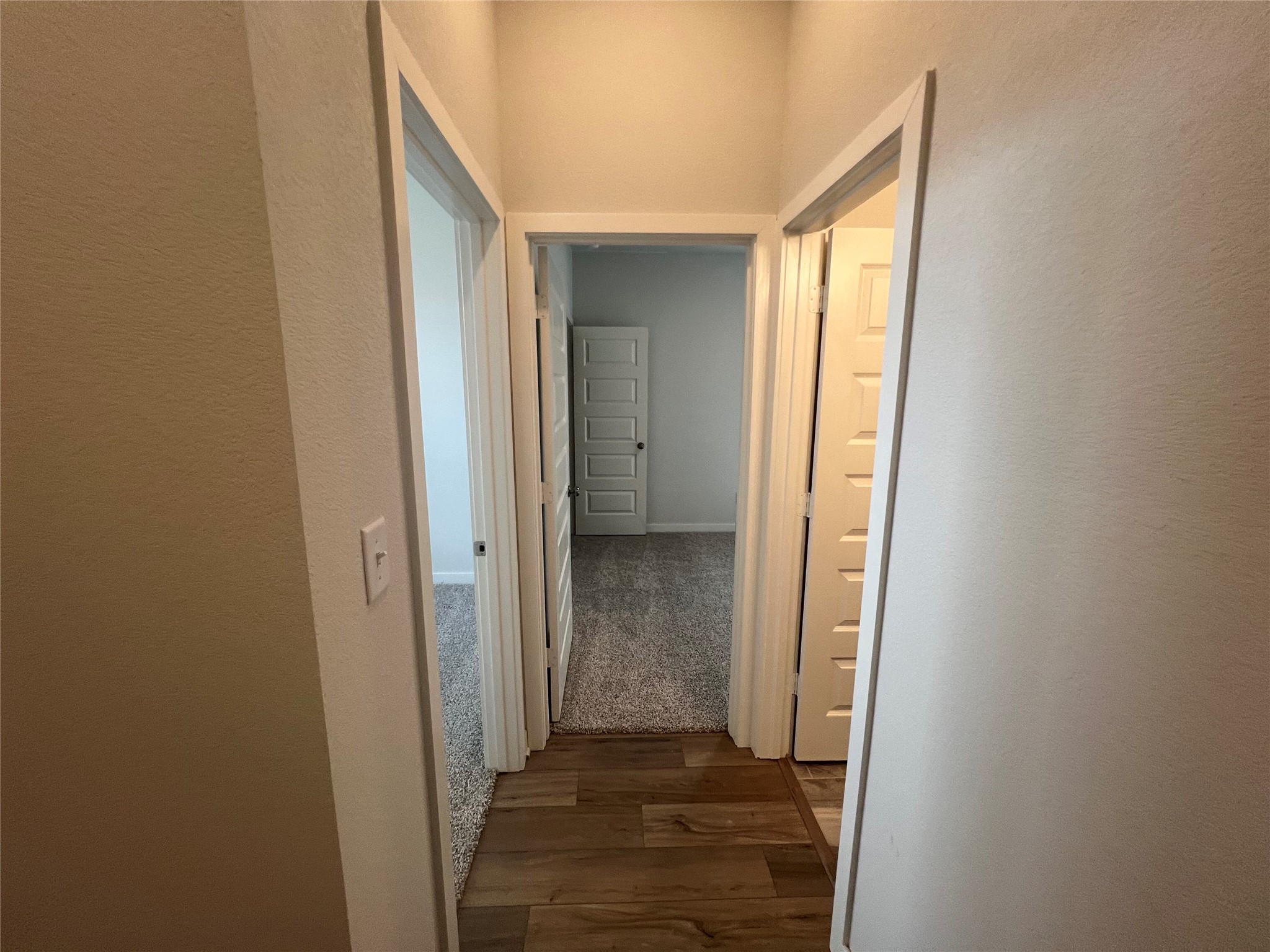 255 Gus Loop Georgetown, TX 78626 - Photo 4 of 24 A well-lit hallway with two separate doorways leads to inviting interior spaces.
