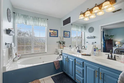 a bathroom with a tub a sink double vanity and a mirror