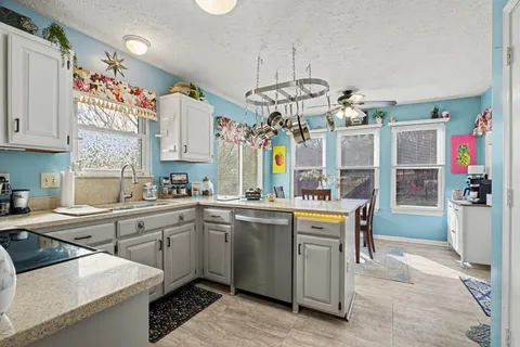 a kitchen with a sink a counter space appliances and cabinets