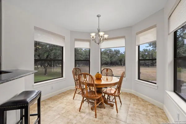 a view of a dining room with furniture window and outside view