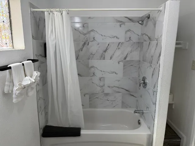 a bathroom with a shower and a bath tub