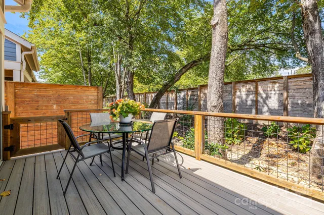 a view of a chairs and table on the wooden deck