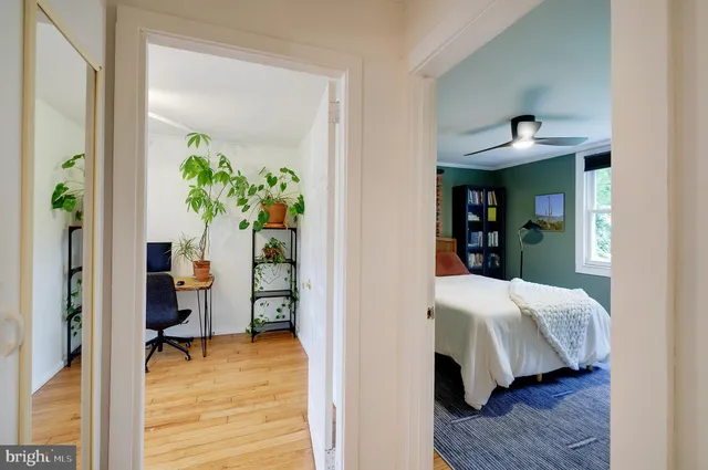 a bedroom with wooden floor and a potted plant