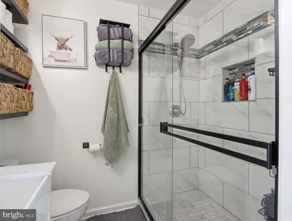 a bathroom with a shower toilet and sink