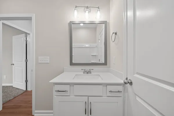 a bathroom with a sink and a mirror
