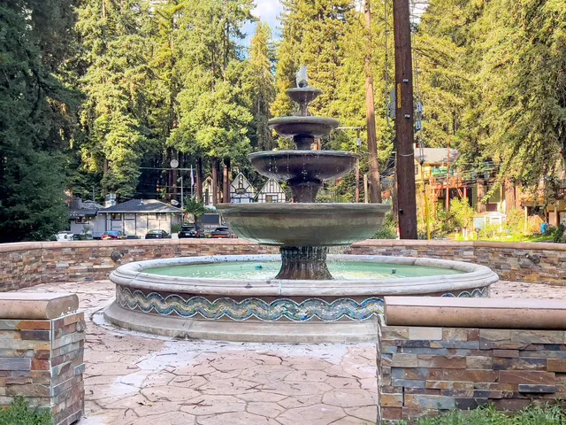 a view of fountain in a backyard
