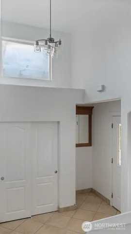 a room with a chandelier