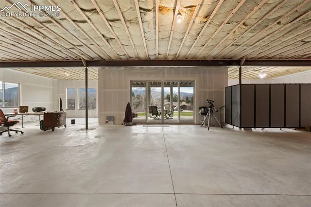 a big room with chandelier