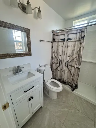 a bathroom with a granite countertop sink a toilet and shower