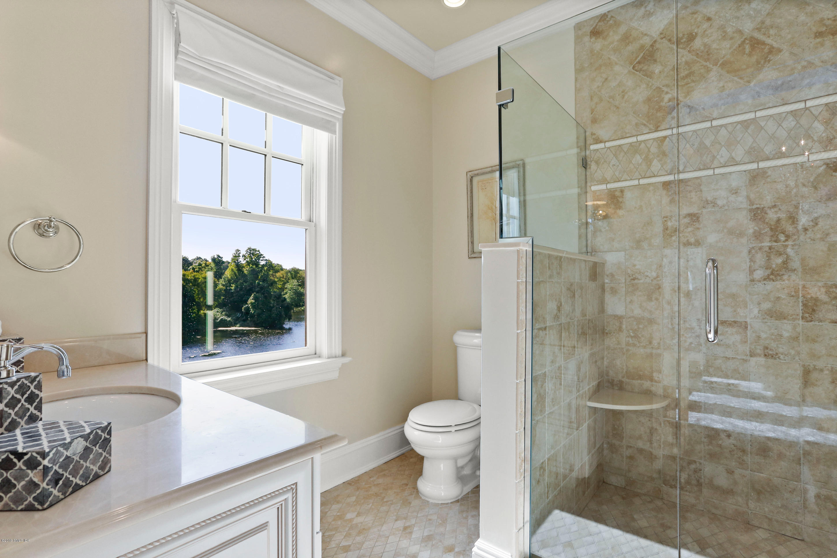 271 Valley Road Cos Cob, CT 06807 - Photo 27 of 42 a bathroom with a granite countertop sink a toilet and shower