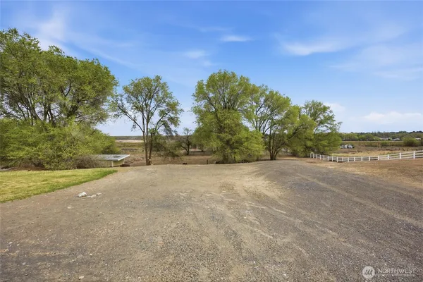 a view of a yard with wooden fence