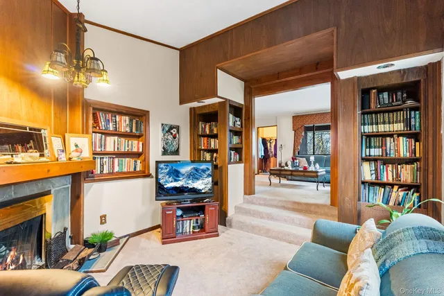a living room with furniture a bookshelf and a flat screen tv