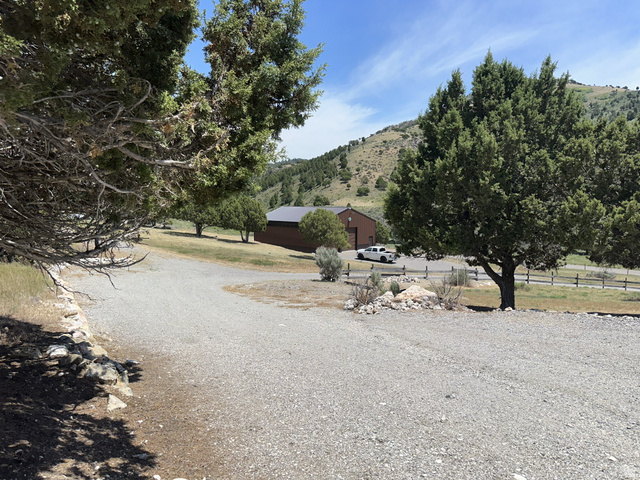 2006 Swenson Valley Road Bancroft, ID 83217 - Photo 35 of 51 Expansive gravel driveway leading to a brown-sided structure with a dark roof, surrounded by mature evergreen trees and natural landscaping