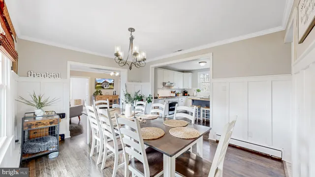 a view of a dining room with furniture and wooden floor